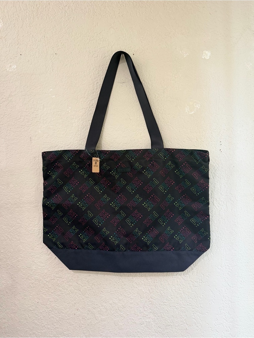 PINK Victoria's Secret Black Tote with Multicolor Logo Pattern